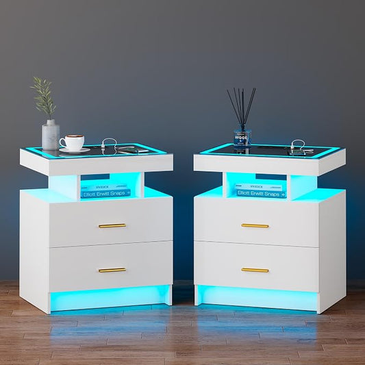Smart Nightstand Set of 2 with Charging Station, LED Bedside Table with 2 Drawers, Glass Top, 3 Color Dimmable Light, High Gloss Smart Night Stand with USB Type-C Port Bedroom White by JDPAG