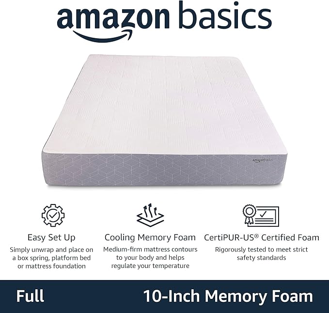 Amazon Basics Medium-Firm Memory Foam Mattress with Cooling Gel, CertiPUR-US Certified Foam, Full Size, 75 x 54 x 10 inches, White/Gray