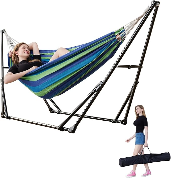Portable Hammock with Stand for Outside Foldable,Frabic Tension Adjustable Indoor,Carrying Bag Included, 616 lbs Weight Capacity, Suitable Garden Yard Outdoor Inhouse Cyan by LIEVIM