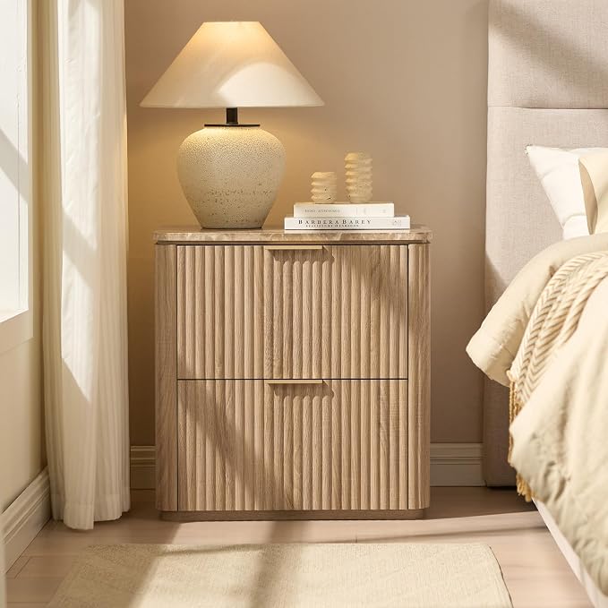 Fluted Night Stand, 23"W Nightstand with 2 Drawers, Wood Bed Side Table with Faux Marble-Top, Curved Profile Design, Metal Handle, Modern Bedside Table for Bedroom, Living Room End Table, Natural Oak - Image 9