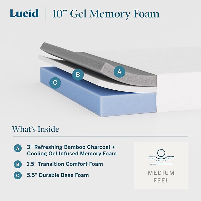 Lucid 10 Inch Memory Foam Mattress - Medium Feel - Infused with Refreshing Bamboo Charcoal and Cooling Gel - Bed in a Box - Temperature Regulating - Short Queen Size - RV or Camper Van Size