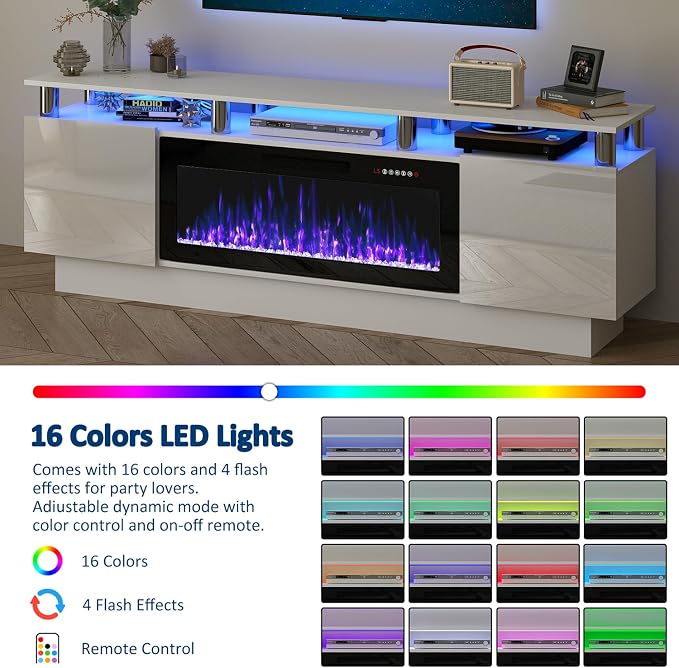 PUKAMI 70" Fireplace TV Stand with 36" Electric Fireplace, LED Light Entertainment Center with Storage, 2 Tier Modern Wood Media TV Console with Highlight Cabinet for Living Room, White - Image 4
