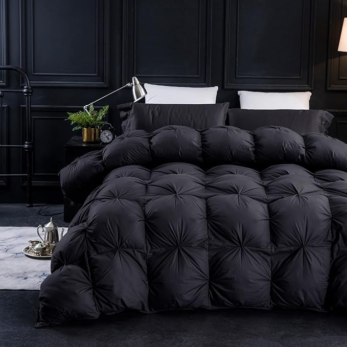 Three Geese Pinch Pleat Waterfowl Feathers and Down Comforter Twin Size Duvet Insert,750+ Fill Power,1200TC 100% Cotton, Premium All Seasons Black-Gray Warm Hotel Comforter with 8 Tabs.
