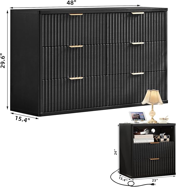 LEYAOYAO Fluted Dresser and 2 Drawers Nightstand Set of 2, Wood 48" Wide Dresser & 23" Night Stand with Charging Station, 3 Piece Bedroom Furniture Set, Chest of Drawers for Home,Living Room,Black