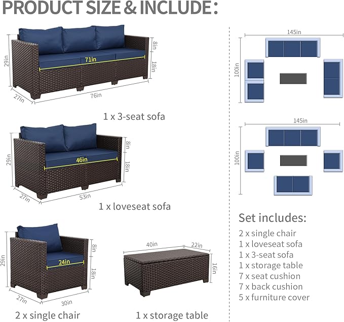 Rattaner Patio Furniture Set 5 Pieces Outdoor Furniture Set Outdoor Couch Coffee Table with Storage No-Slip Cushions and Waterproof Covers, Navy Blue