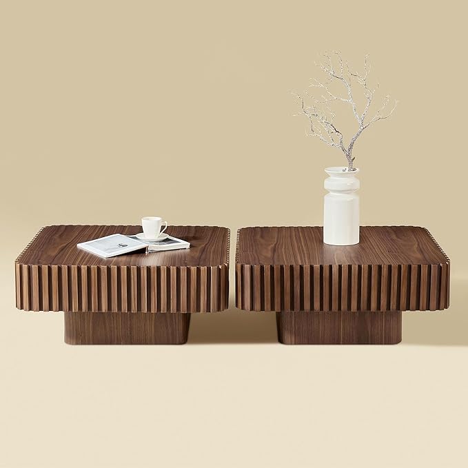 31.5" Square Coffee Table 2 Piece, Wooden Center Tea Table Accent End Table Set of 2 for Living Room Apartment, with Sturdy Curved Base & Solid Wood Fluted Side, Walnut