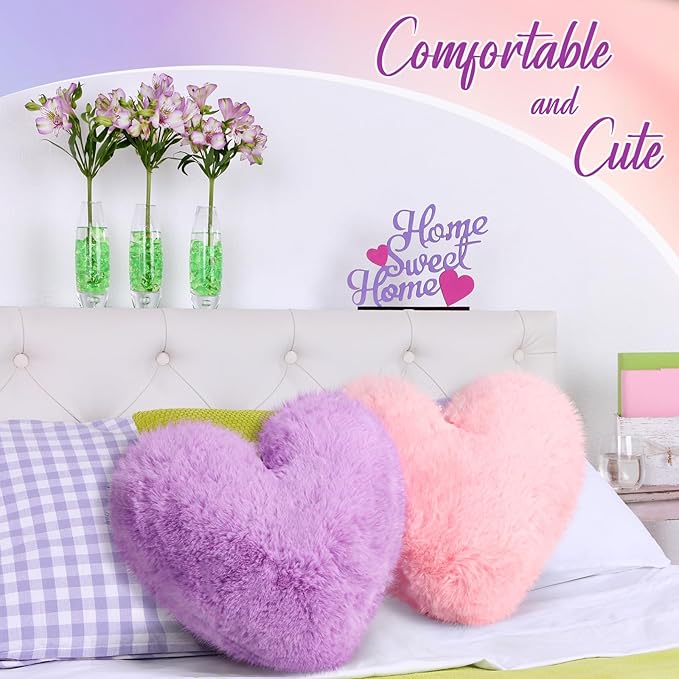 Marsui 2 Pcs Heart Throw Pillows, Soft Fluffy Faux Fur Decorative Hearts Shaped Pillows for Living Room Sofa Bed, Cute Heart Themed Gift for Women(Pink, Purple,11.81 x 11.02 Inch)