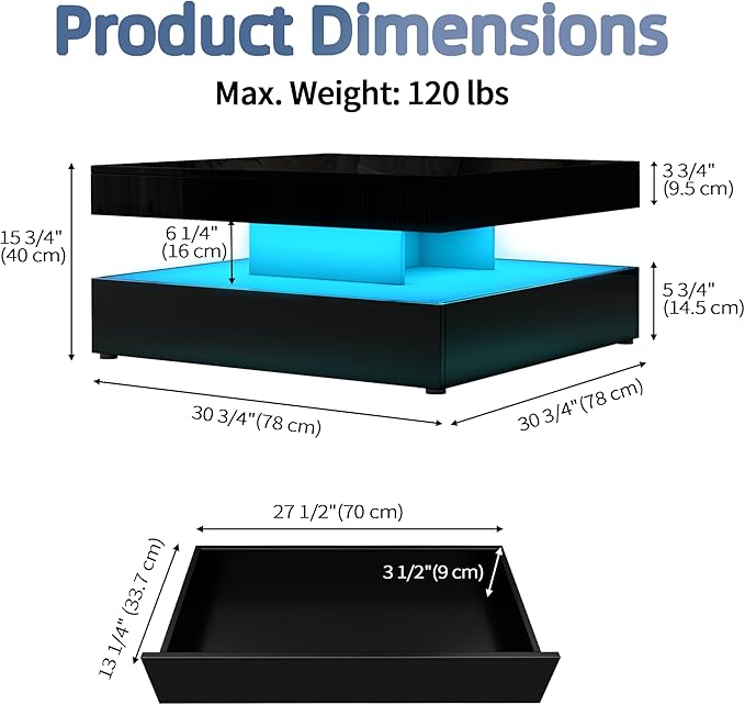 LED Coffee Table for Living Room, 2-Tier Modern Square Center Table with Music Sync Lights, High Gloss Surface, 30 3/4" x 30 3/4" (Black)