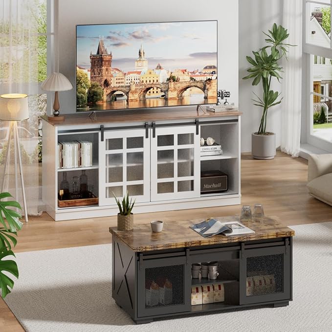 Upgraded Coffee Table with Lifting Top And Sliding Doors, Thick Panels, Industrial Metal Mesh Sides, Dual LED Accent Lights, Large Storage Center farmhouse square Table for Living Room, Chestnut Black