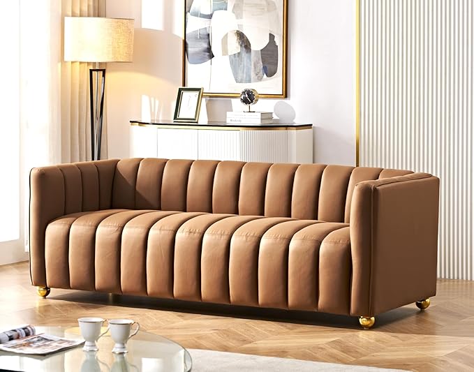 Direct Glam Fabric Upholstered Solid Wood Frame 82.7" Art Deco Sofa for Living Room, Office, Sophisticated 3 Seater Couch, Brown
