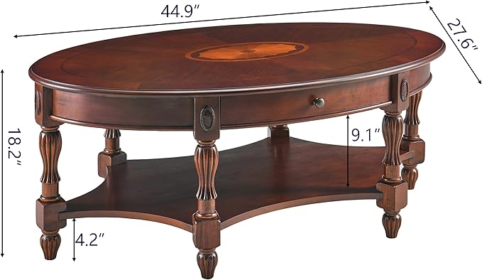 MODERION Solid Wood Coffee Table with Drawer and Storage Shelf, Traditional Living Room Cocktail Tea, Oval Center Carvings Side Vintage 46''Lx 29''Wx18.2''H Cherry Walnut KFZ1533WD-DR