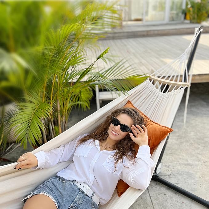 Anyoo Garden Cotton Hammock Comfortable Fabric Hammock with Spreader Bar Sturdy Hammocks Up to 450lbs Portable Lightweight Hammocks with Travel Bag for Camping Outdoor/Indoor Patio Backyard - Image 7