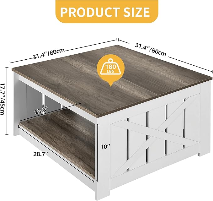 DWVO Square Coffee Table for Living Room, Farmhouse Coffee Table with Storage, 2-Tier Wood Coffee Tables Center Table with Half Open Storage Compartment, Dark Brown
