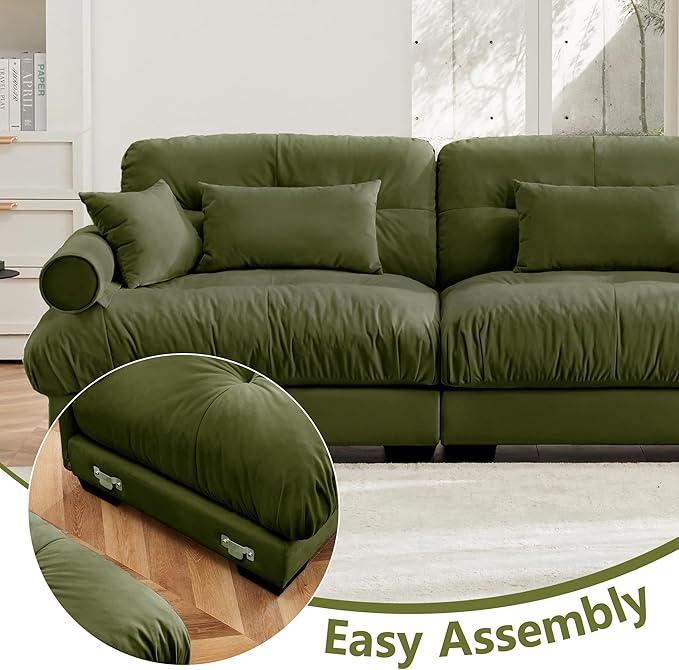 KEIKI 166" L-Shaped Oversized Velvet Modular Sectional Sofa with 1 Ottoman, High-Density Foam Cushions and Bolstered Armrests, Upholstered 4-Seater Cloud Couch with 6 Pillow, for Living Room, Green