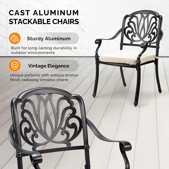VINGLI Patio Chairs Set of 2 - Stackable Outdoor Cast Aluminum Dining Chairs with Vintage Black Finish and Floral Pattern, Metal Armchairs for Poolside, Backyard, Balcony (with Cushion) - Image 4