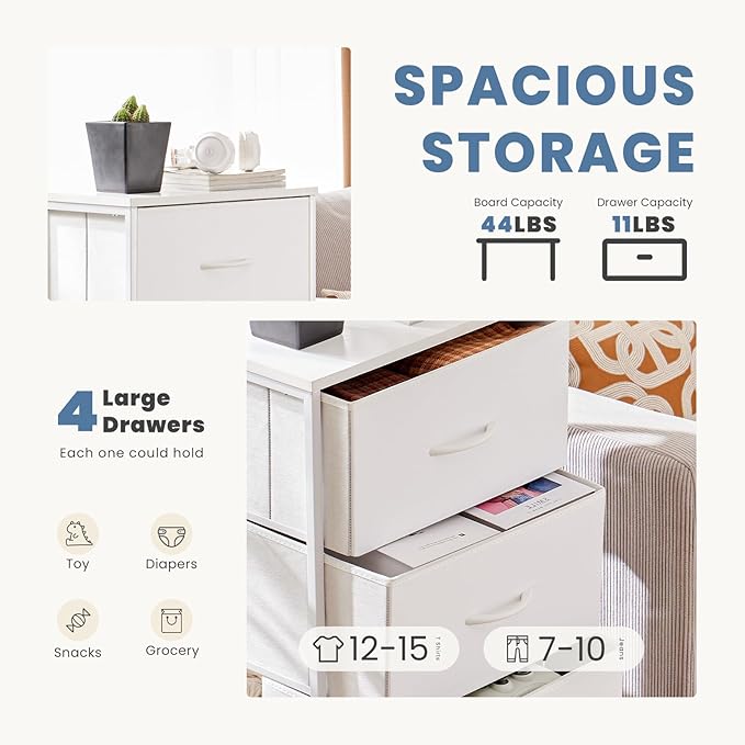 Simple Deluxe 4 Drawer Dresser, Fabric Storage Tower Organizer with Sturdy Steel Frame and Wood Top, Easy Pull Handles, for Bedroom, Entryway, Hallway, White