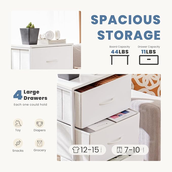 DUMOS Nightstand with 4 Drawers Bedside Table with Removable Fabric Bins Sturdy Steel Frame Wood Top Organizer Furniture for Bedroom Closet Living Room - Image 4