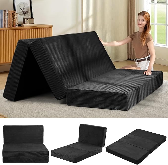 6-Inch Tri-Folding Mattress Queen Size - Foldable Futon Sofa Bed with Removable Washable Cover, Folding Futon Mattress | Non-Slip Bottom & Carry Handles for Guest, Camping, Dorm