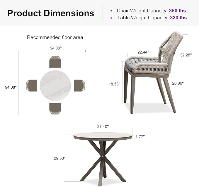 PURPLE LEAF 5 Pieces Round Dining Set Patio Aluminum Modern Round Table and Wicker Chairs with Cushions for Kitchen Porch Garden Outdoor Furniture Sets, Light Grey - Image 9