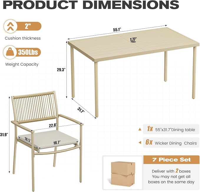 7 Pieces Outdoor Dining Set for 6, 55” Large Steel Dining Table with Umbrella Hole, Wicker Patio Table and Rattan Chairs for Garden/Deck/Yard/Porch, Matte Metal Spray Coating Patio Dining Set,Beige - Image 2