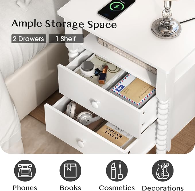 JOINICE 3 Piece Bedroom Set, Vintage 6 Drawer Dresser and Nightstand Sets for Bedroom, Night Stand Set 2 & Kids Dresser with Solid Wood Legs, Chest of Drawers Storage Cabinet Set, White - Image 6