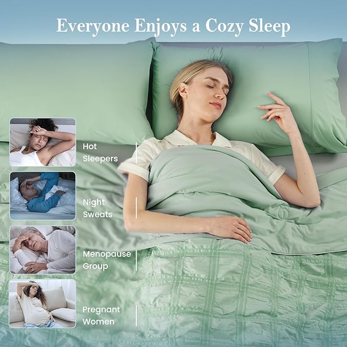 Cozy Bliss Cooling Comforter Seersucker Plaid Twin XL Size, Q-Max 0.45 Lightweight Cooling Blanket, Breathable Silk Smooth Summer Bedding Quilt for Hot Sleepers Night Sweats Sage Green