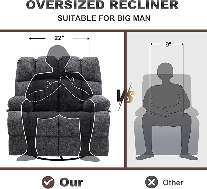 Eiayeebil Oversized Swivel Rocker Recliner Chair Set of 2 for Adult, Rock Recliner for Big Man, Extra Wide Manual Recliners, Overstuffed Soft Rocking Sofa Chair,Light Grey