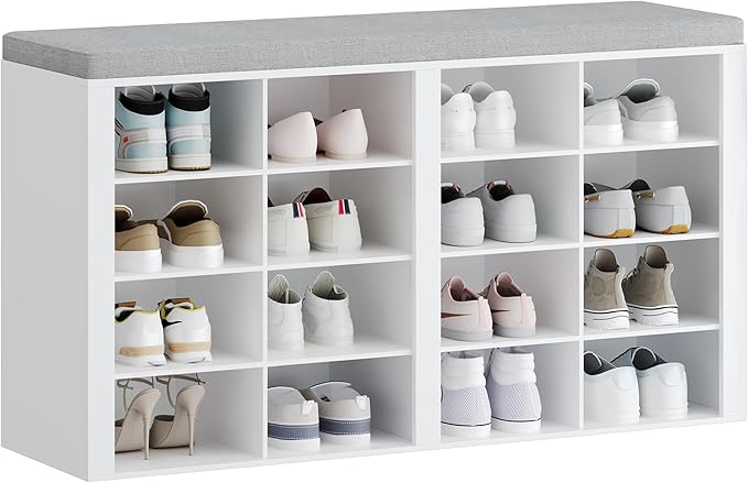 Hzuaneri Shoe Bench with Cushion, Entryway Storage Bench with 16 Cubbies, Cubby Shoe Rack with Adjustable Shelves, Shoe Organizer Cabinet for Living Room, Bedroom, Entryway, White SB25603GY by Hzuaneri
