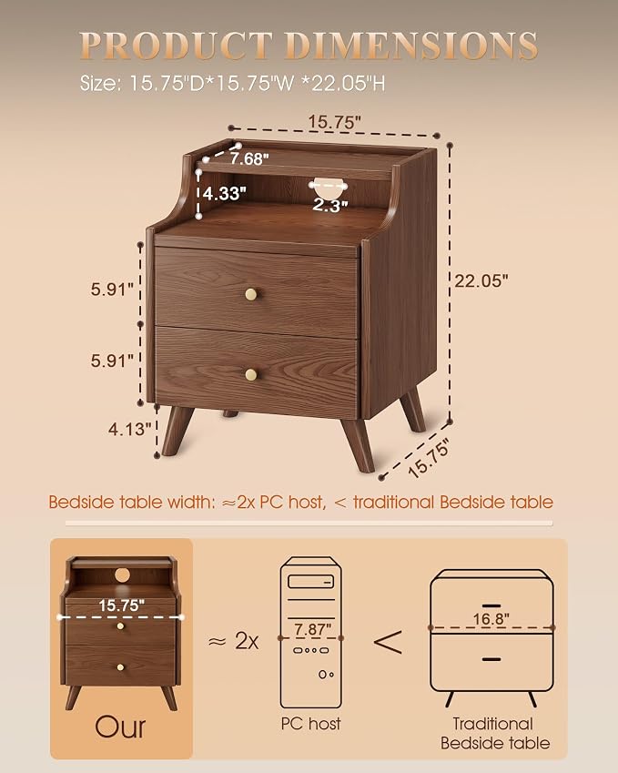 Wood Nightstand, 15.7" Wide Bedside Table with 2/3 Drawers and Large Storage, Solid Wood End Table with Open Shelf & Cable Hole, Modern Storage Cabinet, Walnut, Bedroom & Apartment - Image 2