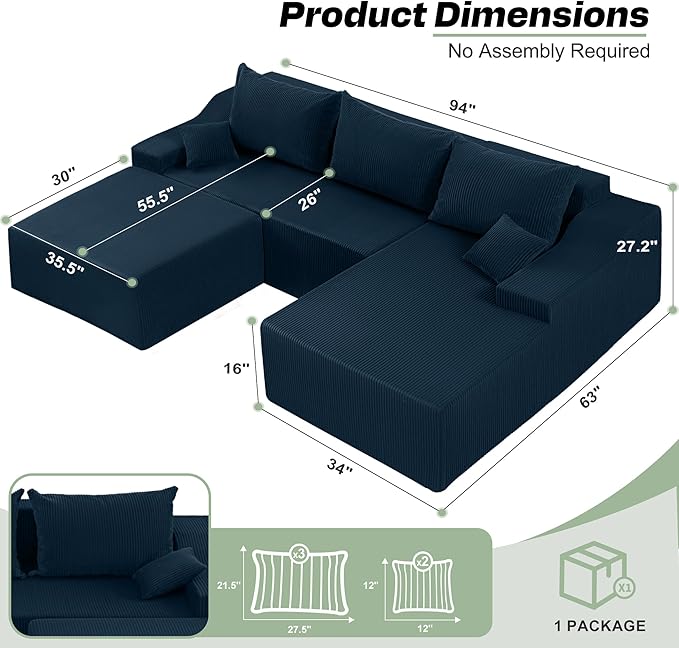 HABUTWAY U Shaped Modular Sectional Couch for Living Room, Modular Cloud Sofa with Ottoman, No Assembly Boneless Couches with Deep Seat, Corduroy Fabric (Blue, Right Facing)