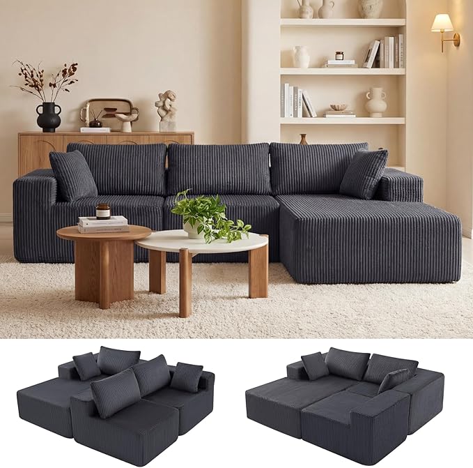 DUMOS 108" Boneless Couch, Cloud Sectional Couch with L-Shape Chaise, Modular Sectional Sofa with Deep Seat, Fluffy Couch for Living Room Bedroom, No Assembly Required (Grey, Right Facing Chaise)