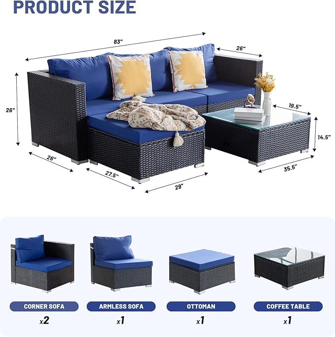 5 Piece Rattan Patio Furniture Set, Outdoor Patio Conversation Set with Table,Soft Cushion and Backrest,Modern Chairs and Table Sets,Outdoor Furniture for Porch, Garden, Lawn,Black/Blue