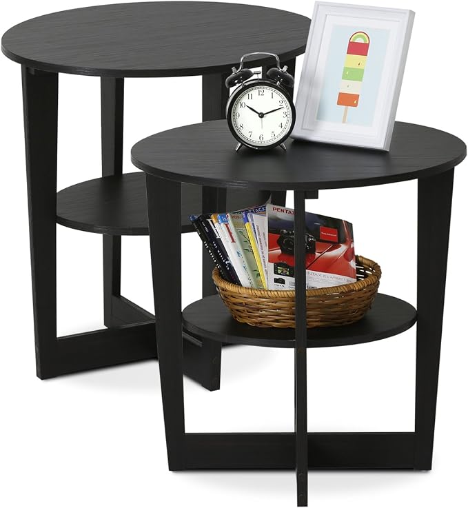 Furinno JAYA Side Table Set of 2, 2-Tier Round Modern End Table with Oval Tabletop, Night Stand, Bedside Table with Open Shelf, for Living Room, Bedroom, Walnut - Image 7