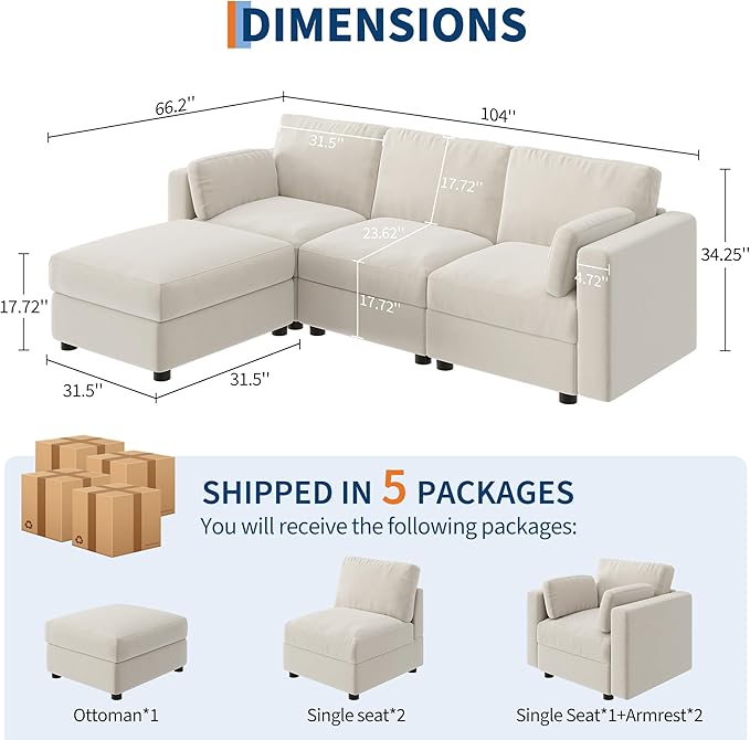 GarveeHome 104" Modular Sectional Sofa, 4 Seater Sectional Couch, L Shaped Sofa with Ottoman, Oversized Convertible Modular Couch for Living Room Apartment Office, Chenille Beige