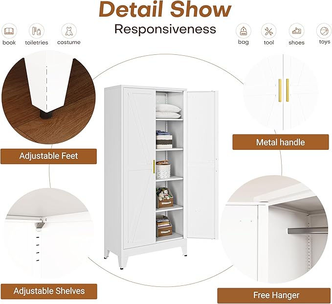 71" Armoire Wardrobe Closet with Hanging Rod & Adjustable Shelves, 2 Doors White Armoire Wardrobe Closet, Metal Clothing Storage Wardrobe Cabinet for Bedroom, Laundry Room, Office