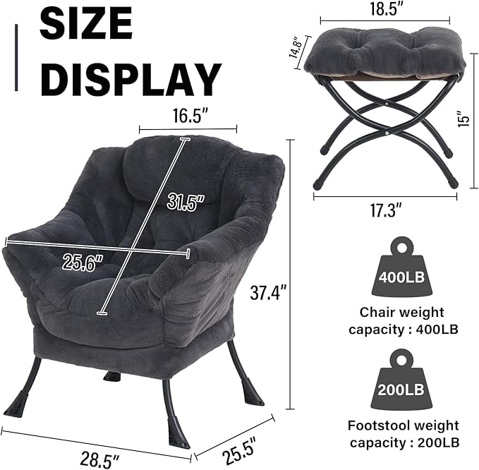 Lazy Chair with Ottoman, Modern Accent Chair Lounge Leisure Sofa Chair with Armrests, Reading Chair and Folding Footstool for Living Room, Bedroom, Office, Plush Navy