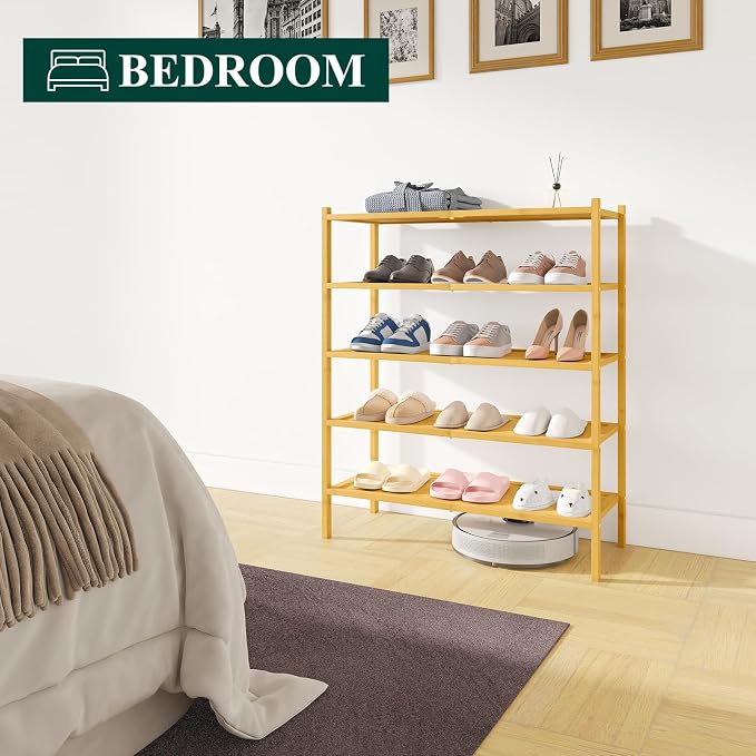 Smiry Bamboo Shoe Rack, 5 Tier Shoe Organizer for Entryway & Closet, Stackable Free Standing Storage Shelf for Shoes, Bags & Plants, Natural - Image 6