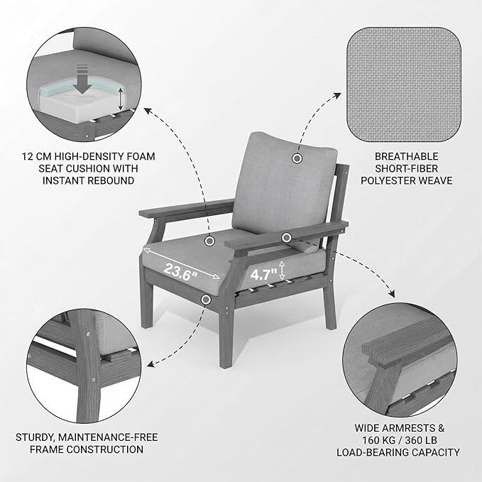 HDPE Patio Conversation Set, 6-Piece All Weather Outdoor Furniture Set with 2 Single Armchairs for Deck, Lawn, with Cushion, Gray
