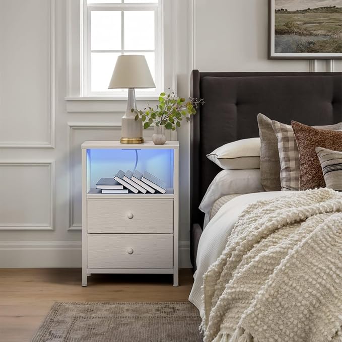 BOLUO White Nightstands Set of 2, Bedroom Night Stand Set Two Nightstand with Charging Station and LED Light, Bedside Table with 2 Fabric Drawers Modern - Image 8