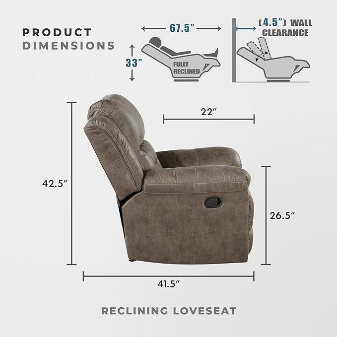Lexicon Manual Double Reclining Loveseat with Center Console, Wall Hugger Polished Microfiber Dual Recliners Love Seat, for Living Room, Required Assembly, Brown