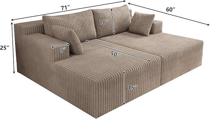 71-Inch Fluffy Corduroy Boneless Sleeper Daybed Loveseat Double Recliner Chaise Lounge Sofa Couches, Floor Cloud Sofa Chaise W/4 Pillows for Home Apartment Living Room