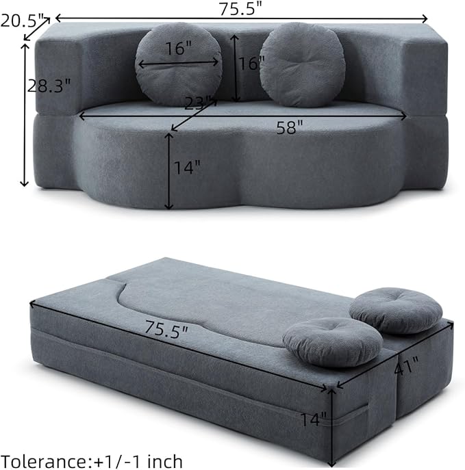 KEIKI 2-in-1 Folding Sofa Bed with Pillow, Queen Sleeper Sofa, Floor & Futon Loveseat Couch, Foam Folding Mattress for Living Room, Guest Use, Office, Apartment, No Assembly Required, Grey