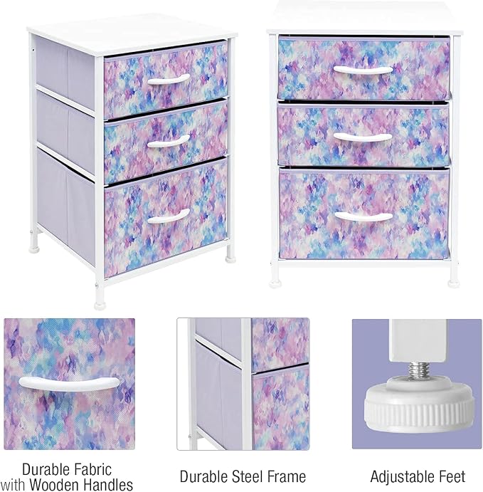 Sorbus Nightstand Storage Organizer with 3 Drawers - Kids Girls, Boys Bedroom Furniture Storage Chest for Clothes, Closet Organization - Steel Frame, Wood Top, Tie-dye Fabric Bin (Blue/Pink/Purple) - Image 4
