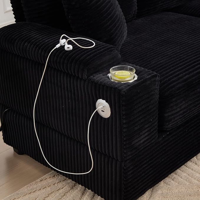 KEIKI 4 Seat Combination Sofa Bed Set, Chaise Lounge Sofa with Armrest Storage, Cupholders, USB, Deep Seat Sleeper Couch Reading Chairs for Living Room, Black