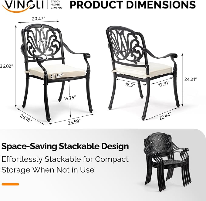 VINGLI Patio Chairs Set of 2 - Stackable Outdoor Cast Aluminum Dining Chairs with Vintage Black Finish and Floral Pattern, Metal Armchairs for Poolside, Backyard, Balcony (with Cushion) - Image 3