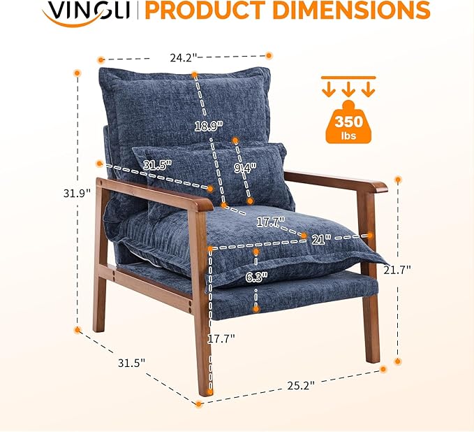 VINGLI Mid-Century Modern Cloud Accent Armchair with Lumbar Pillow, 6.3'' Thick Seat Cushion Comfy Reading Chair with Wooden Armrests，Boho Lounge Chair for Bedroom, Living Room, Chenille, Gray-Blue