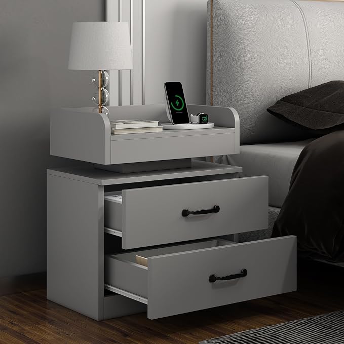 4ever2buy Grey Nightstand with Charging Station and LED Lights Modern Bedside Table with 2 Drawers End Table for Bedroom - Image 7