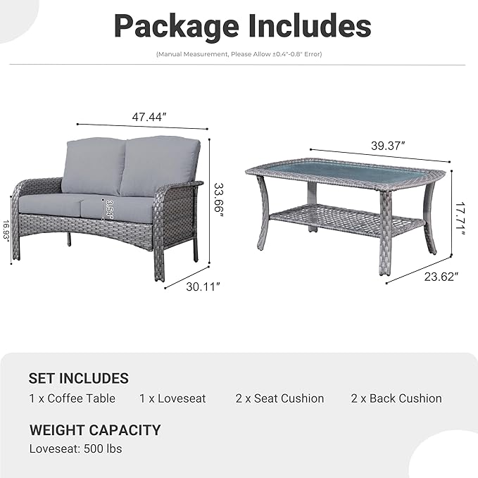 ovios 2-Piece Patio Furniture Set, Outdoor Wicker Sofa with Coffee Table, High Back Rattan Couch Loveseat with Comfy Cushions for Porch Yard Deck, Dark Grey