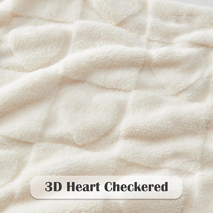 NEWCOSPLAY Super Soft King Blanket Ivory Love Premium Silky Flannel Fleece 3D Heart Checkered Lightweight Bed Blanket All Season Use (Ivory Love, King(90"x110"))