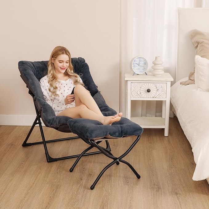 Comfy Saucer Chair for Adults, Soft Faux Fur Bedroom Chair, Accent Dorm Chairs, Flexible Living Room Reading Chairs, Oversized Folding Seat for Teens, X-Large, Navy Blue